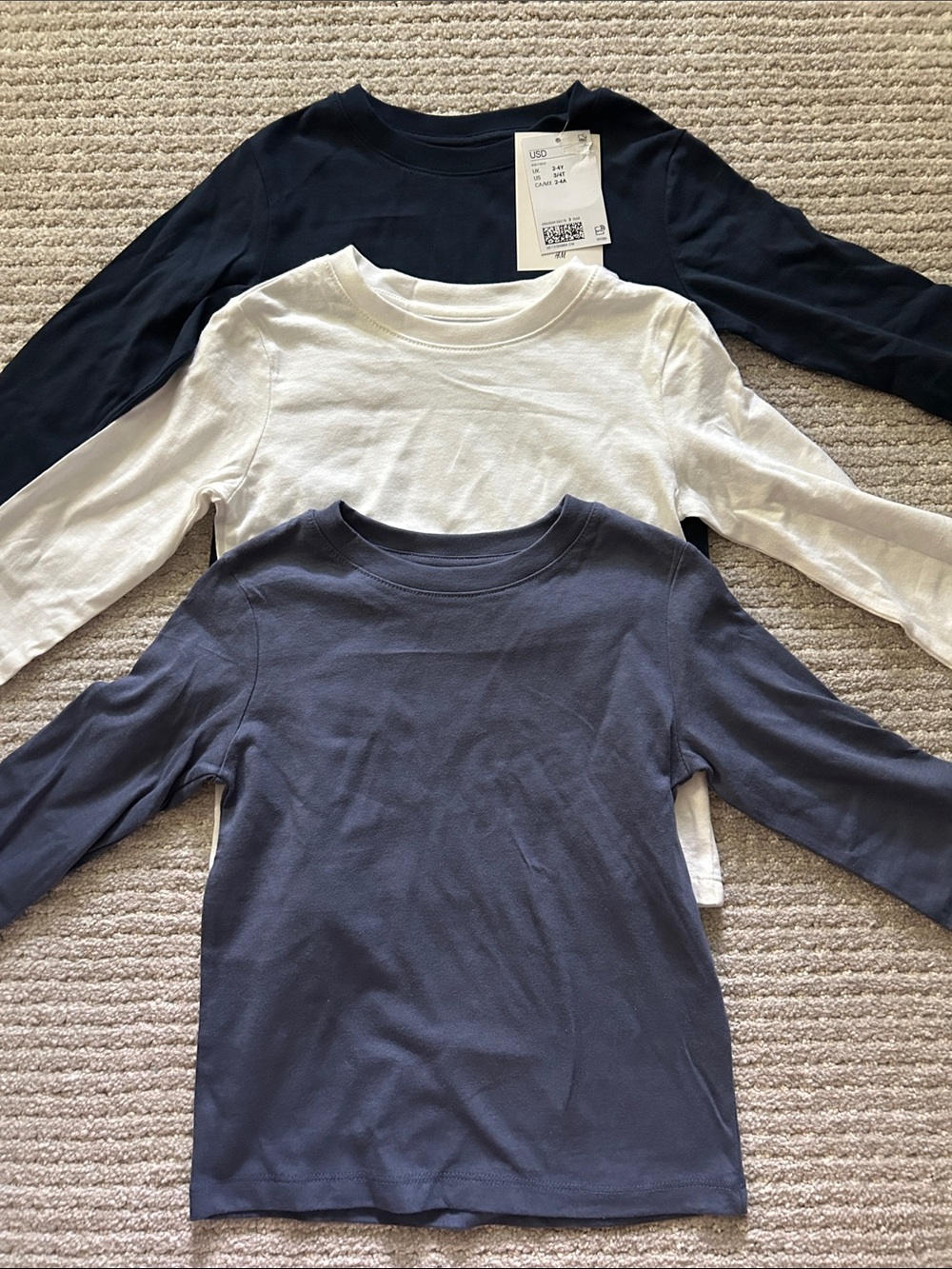H&M Kids Long-Sleeve Crewneck Tops - Navy, White, denim blue